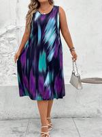【Plus Size】 All Over Print Round Neck Tank Dress, Casual Sleeveless Dress for Summer, Women's Plus Clothing for Daily Wea...