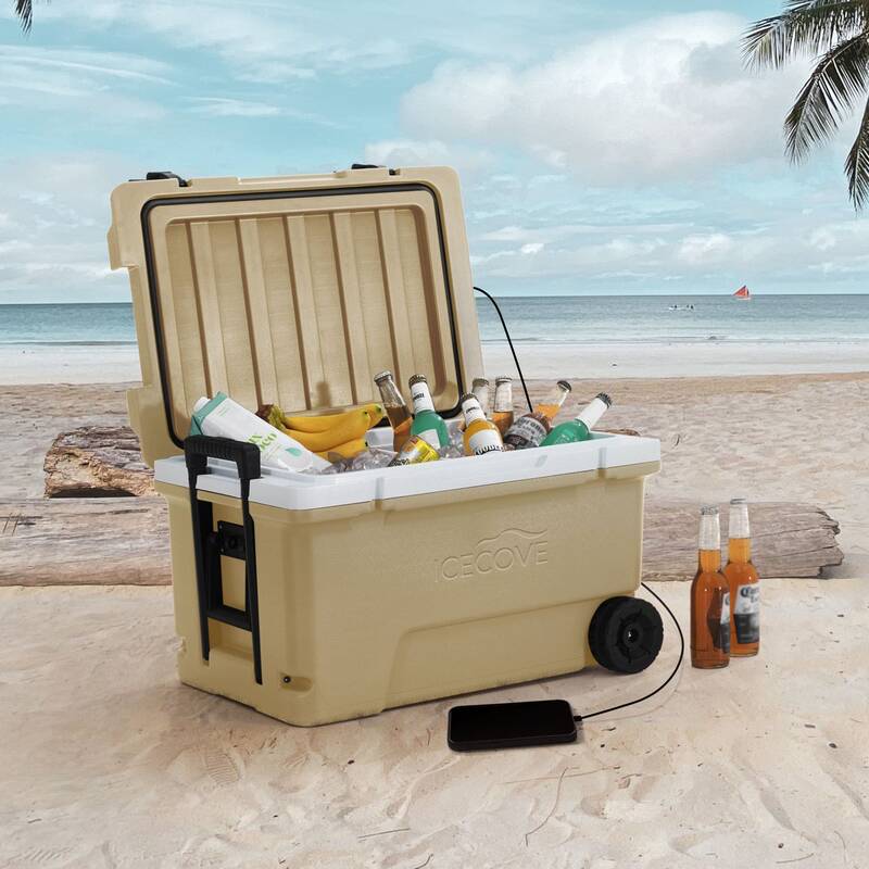 SUNJOY 60-quart Insulated Beach Ice Chest Cooler with Solar Panel, Wheels, and Handles - Tan