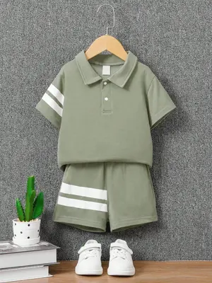 Two-Piece Set Toddler Boy's Striped Print Short Sleeve Polo Shirt & Elastic Waist Shorts, Casual Fashion Cozy Breathable for ...