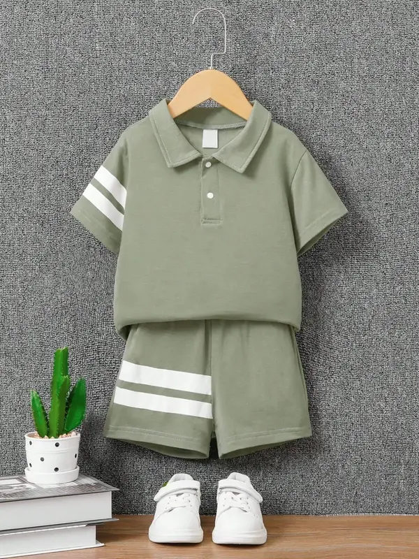 Two-Piece Set Toddler Boy's Striped Print Short Sleeve Polo Shirt & Elastic Waist Shorts, Casual Fashion Cozy Breathable for ...