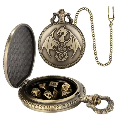 Fantasy Flying Dragon Design Watch Case with Chain & Dice, Vintage Style Watch Case with Chain & Dice, Role Playing Game Acce...