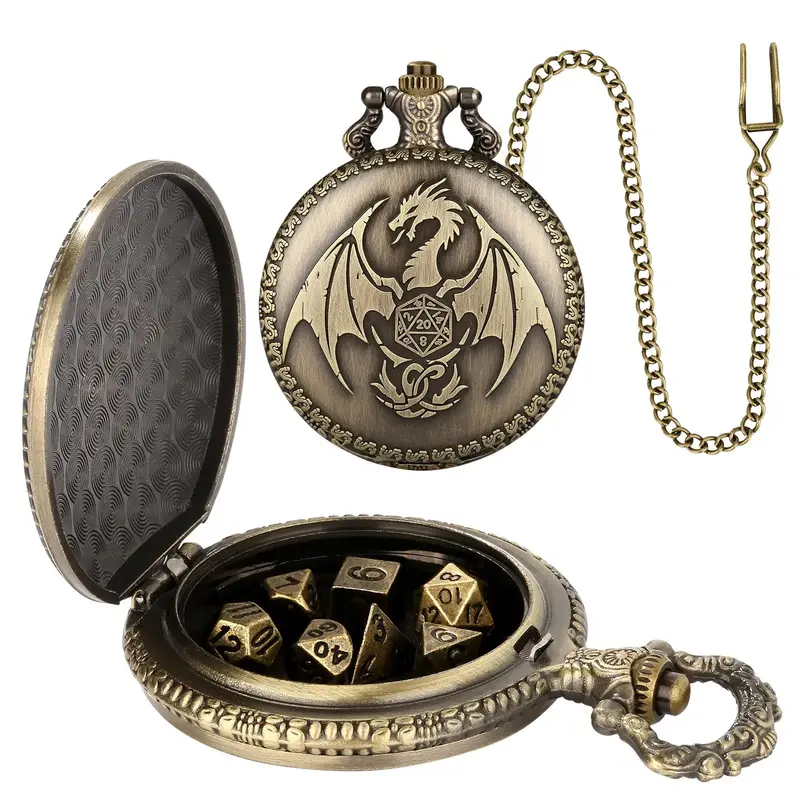 Fantasy Flying Dragon Design Watch Case with Chain & Dice, Vintage Style Watch Case with Chain & Dice, Role Playing Game Acce...
