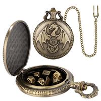 Fantasy Flying Dragon Design Watch Case with Chain & Dice, Vintage Style Watch Case with Chain & Dice, Role Playing Game Acce...