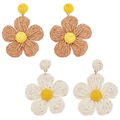2 Pairs 2 Colors Raffia Grass Paper Flower Dangle Stud Earrings