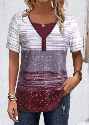 Modlily Multi Color Button Striped Short Sleeve T Shirt - L