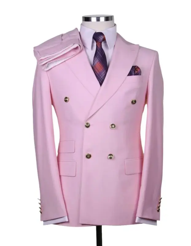 Light Pink Suit For Men Designer Modern Fit Double Breasted Wool Suit with Gold Buttons in Pink
