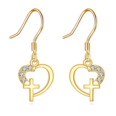 14K Gold Cubic Zirconia Cross & Heart Drop Earrings