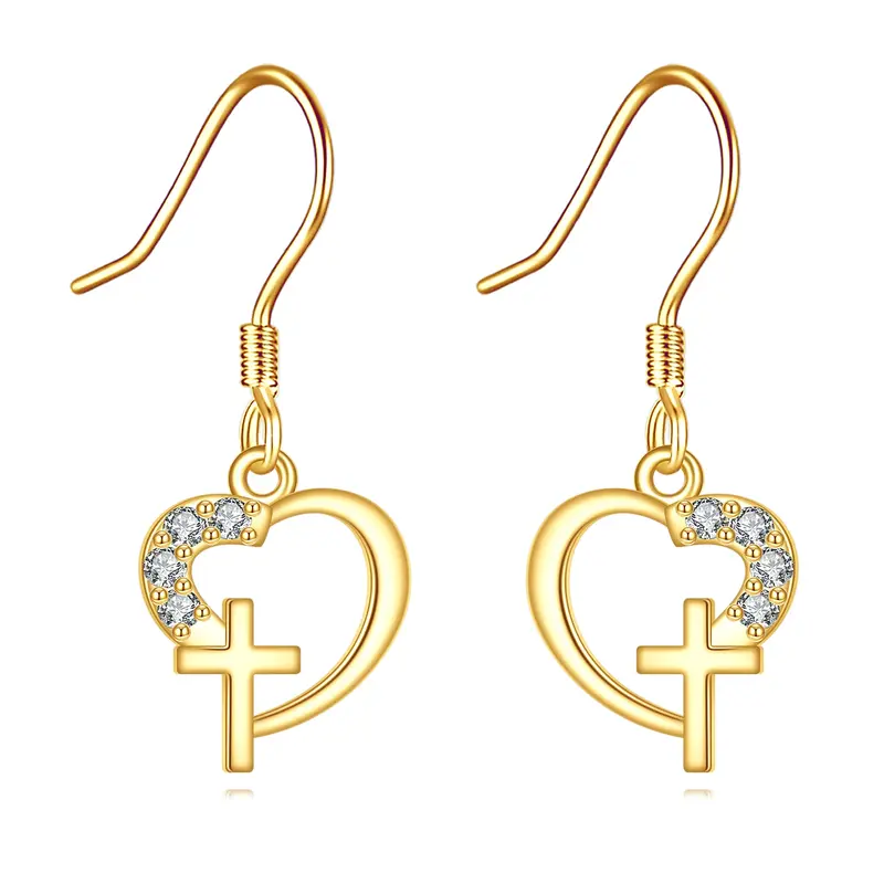 14K Gold Cubic Zirconia Cross & Heart Drop Earrings