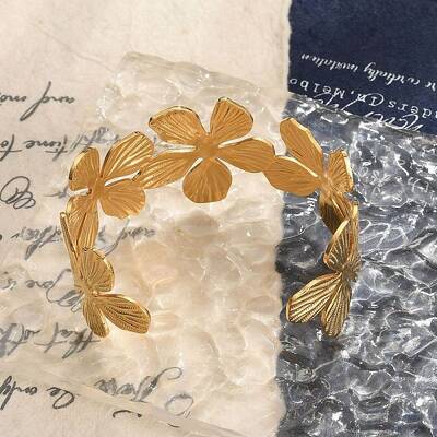 Flower 304 Stainless Steel Open Cuff Bangles for Women