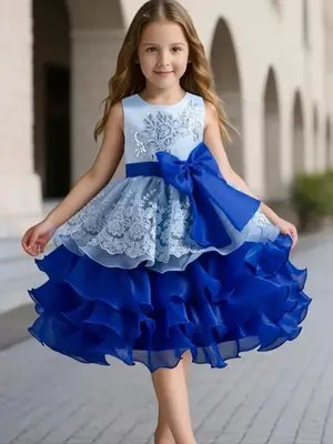 Girl's Contrast Sequin Embroidery Bow Front Tiered Layer Fit and Flare Party Dress, Elegant Sleeveless Ruffle Hem Party Gown,...