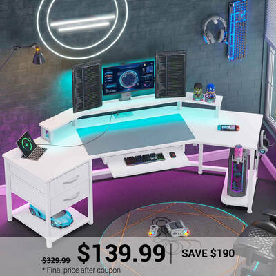 SEDETA ® 79 Inch LED Wing Shaped Gaming Desk Computer Table with Storage for Home Office Black Home Office Furniture