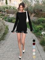 Women's Contrast Binding Flounce Sleeve Bodycon Sweater Dress, Elegant Long Sleeve Round Neck Knit Dress for Party Holiday, W...