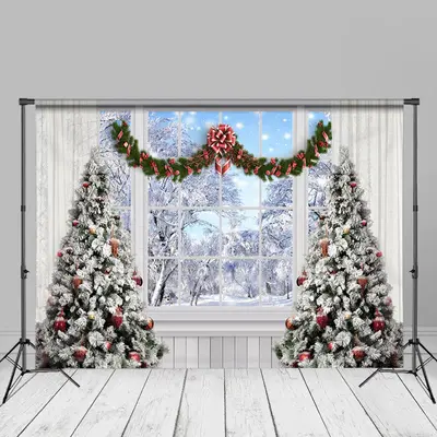 Winter Scene Christmas Tree White Window Backdrop - Aperturee