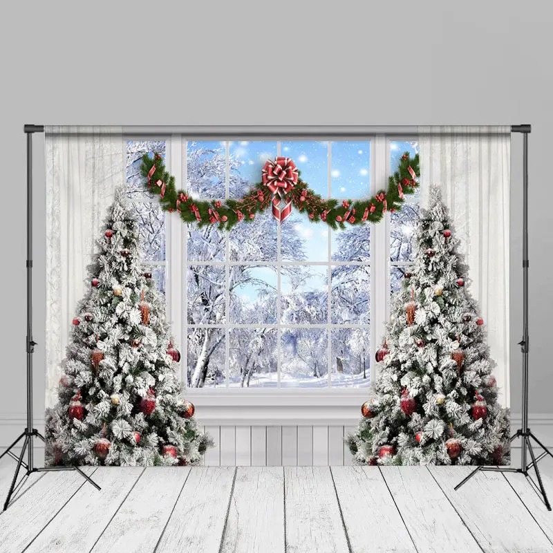 Winter Scene Christmas Tree White Window Backdrop - Aperturee
