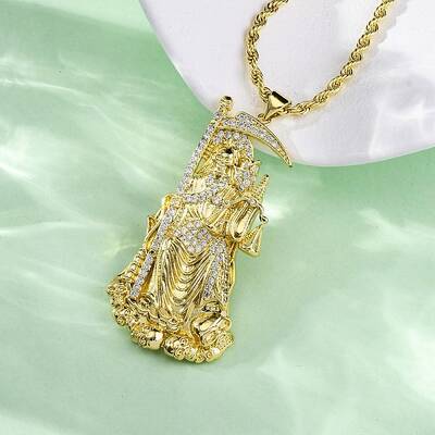Brass Micro Pave Clear Cubic Zirconia Grim Reaper Pendant Necklaces