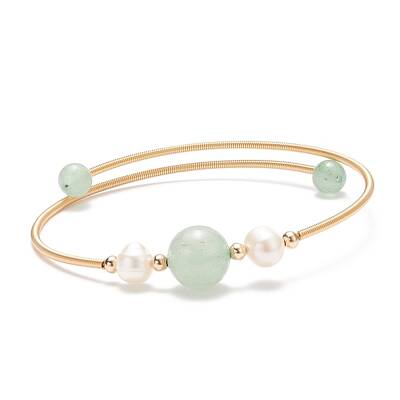 Natural Green Aventurine & Pearl Round Beaded Bangle