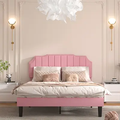 VECELO Queen Full Twin Size Bed Frame Upholstered Platform with Tufted Adjustable Headboard/Mattress Foundation/Wood Slat Sup...