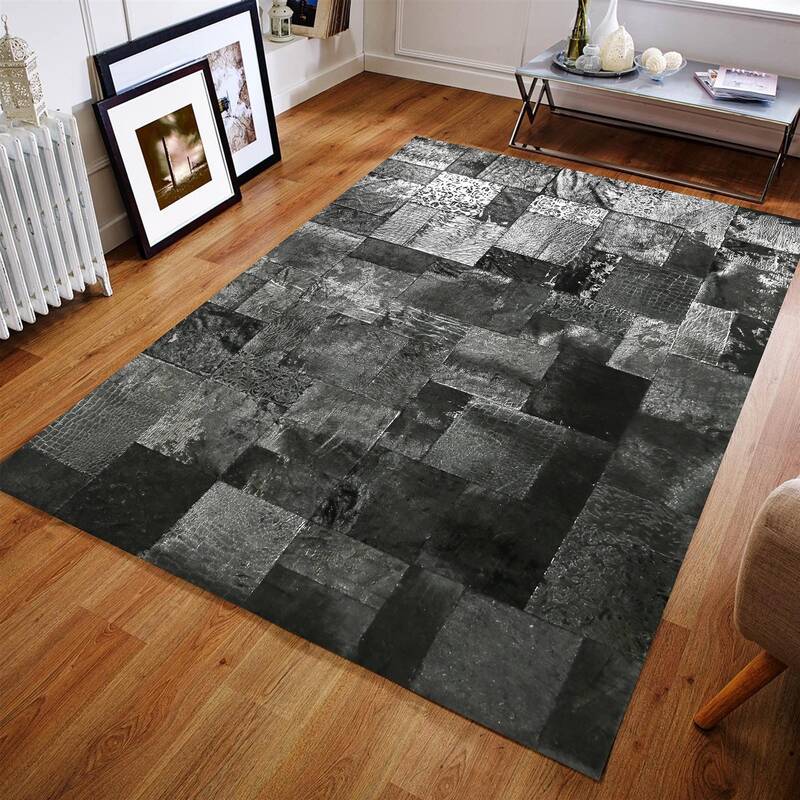 Black & Silver Leaf Cowhide Area Rug