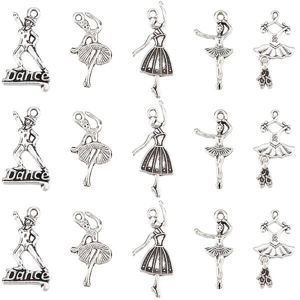 60Pcs 5 Styles Alloy Dancer Charm Pendant