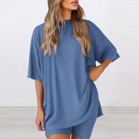 2025 new  Women's Summer Two-Piece Set 2025  Casual Oversized Shirts Biker Shorts Matching Airport Travel Outfit Split Hem Lo...