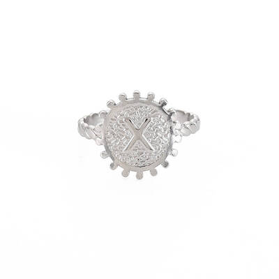 Non-Tarnish 304 Stainless Steel Flat Round with Initial Letter Open Cuff Ring for Men Women