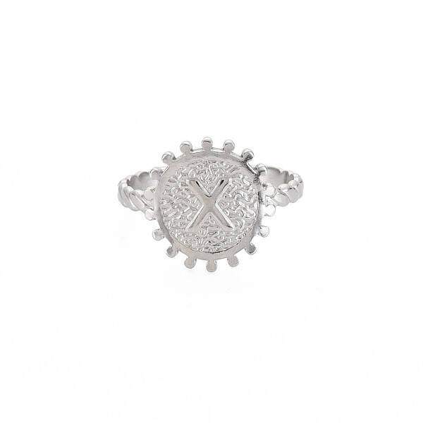 Non-Tarnish 304 Stainless Steel Flat Round with Initial Letter Open Cuff Ring for Men Women