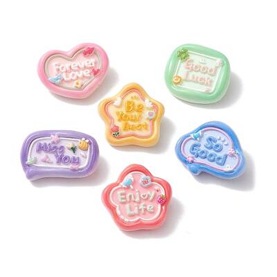 6Pcs 6 Styles Cartoon Word Opaque Resin Brooches
