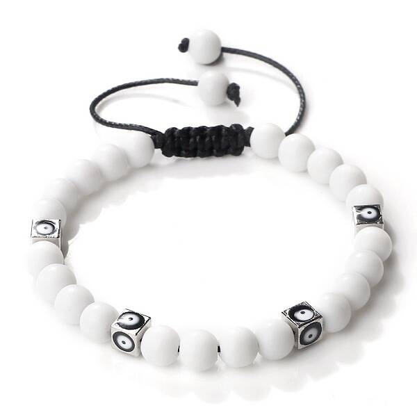 Trendy Ethnic Style Cube Evil Eye & Round Natural White Jade Beaded Stretch Bracelets
