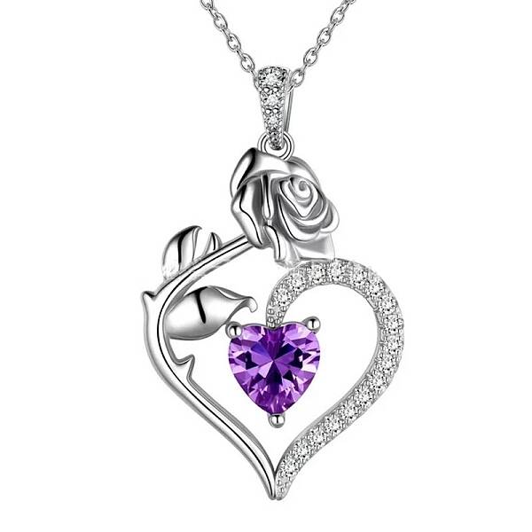 Rhodium Plated 925 Sterling Silver Pave Cubic Zirconia Rose Heart Birthstone Pendant Cable Chain Necklaces