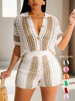Two-piece Set Women's Hollow Out Button Front Top & High Waist Shorts Set, Summer Clothes, Crochet Clothing Sets, Casual Colo...