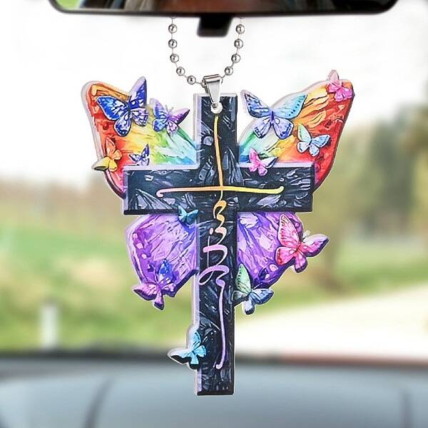 Colorful Butterfly Faith Jesus Cross Acrylic Pendant Decoration