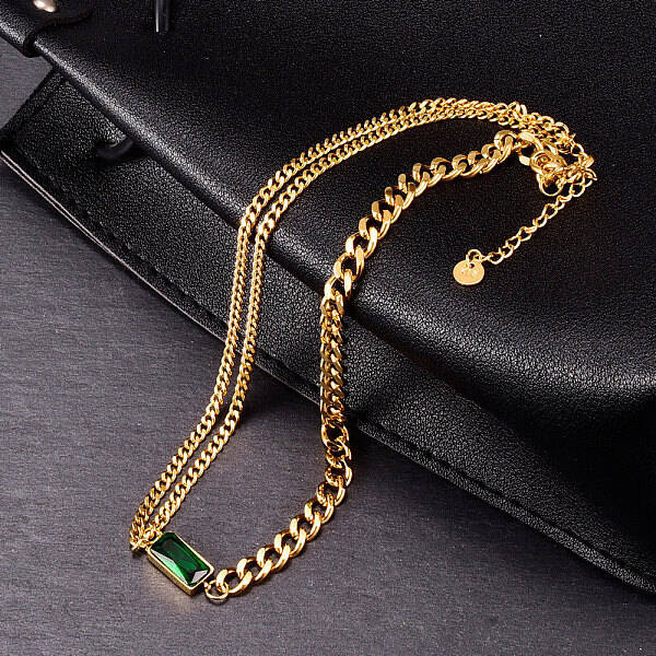 Cubic Zirconia Rectangle Pendant Necklace with 304 Stainless Steel Curb Chains