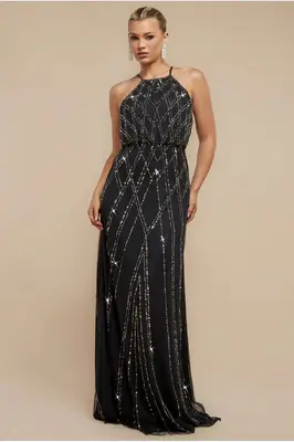 Goddiva Racer Neck Sleeveless Hand Embellished Sequin Maxi Dress - Black