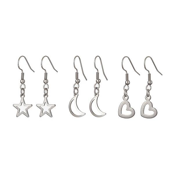 3 Pair 3 Style 304 Stainless Steel Dangle Earrings