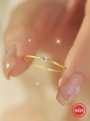 S925 Sterling Silver Minimalist Artificial Zircon Ring, 2024 New Style Fashion Accessories for Women & Girls, Trendy All-matc...