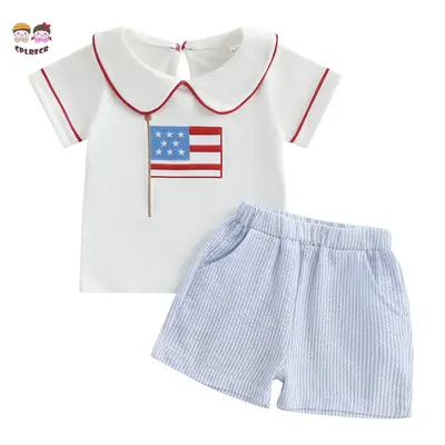 Toddler Boy 4th of July Outfit American Flag Embroidery Short Sleeve Doll Collar T-Shirt + Stripe Shorts 2Pcs Set