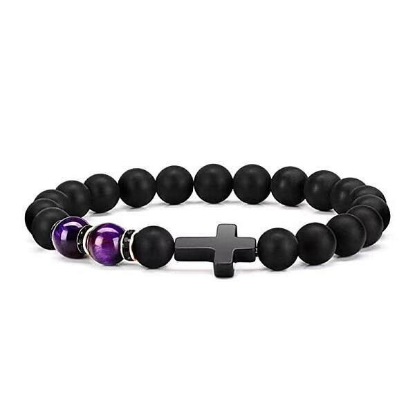 Cross Natural Obsidian & Dyed Tiger Eye Stretch Bracelet