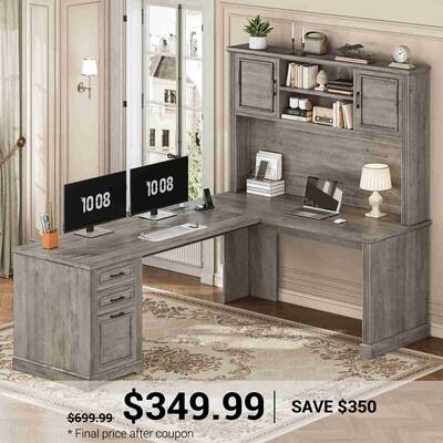 SEDETA ® 68.9 Inch Farmhouse Executive Desk L Shaped Computer Desk with File Drawer and Storage Shelves Grey Home Office Fur...