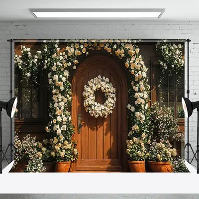 Aperturee White Floral Wreath Brown Wood Door Wedding Backdrop, 3X2FT(1MX0.6M), 14 USD, ZHF345A-M, wedding backdrops