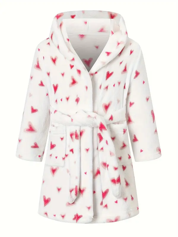 Kids Heart Print Hooded Bath Robe - Soft Flannel Toddler Robe for Girls