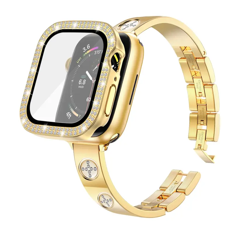 Skimemry Luxury 316L Stainless Steel Metal Band and Dual-Bling Case Compatible with Apple Watch Series 1-10 SE Ultra for Wome...