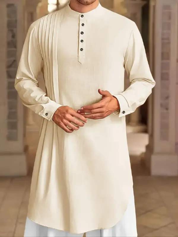 Men's Solid Color Long Sleeve Robe, Loose Casual Comfy Round Neck  Robe  for Daily Wear, Men's Islamic Clothing for Summer