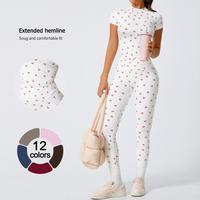 TimeOFF Women's 2-Piece Cherry Print Crew Neck Tee & High-Waist Leggings Set | Extended Hemline, Quick-Dry Snug | Yoga, Gym, ...