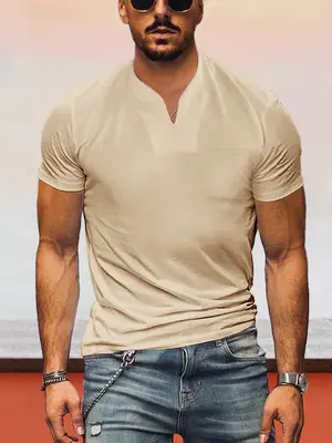 Loose Fit V-neck Short Sleeves T-shirt, Khaki / XXL