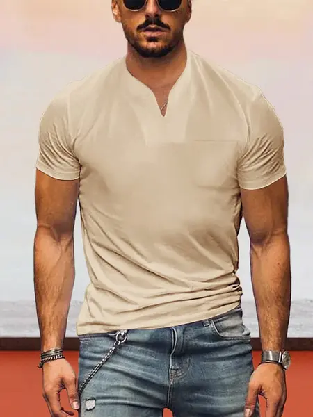 Loose Fit V-neck Short Sleeves T-shirt, Khaki / XXL