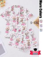 Women's All Over Print Contrast Trim Shortsleeve Shirt & Elastic Waist Shorts Pajama Two-piece Set, Cute Casual Comfy Short S...