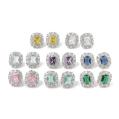 Brass Pave Cubic Zirconia Rectangle Stud Earrings for Women