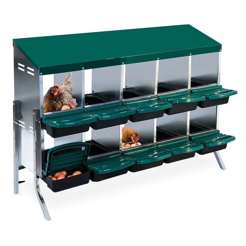 Garvee 10-Compartments Chicken Nest Box - Green Roll-Away Design w/Lid Cover & Legs for Coop Laying Boxes for Hens, Nest Boxe...