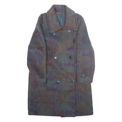RENE SCHAAD Womens Overcoat Jacket Blue Wool Crazy Pattern L