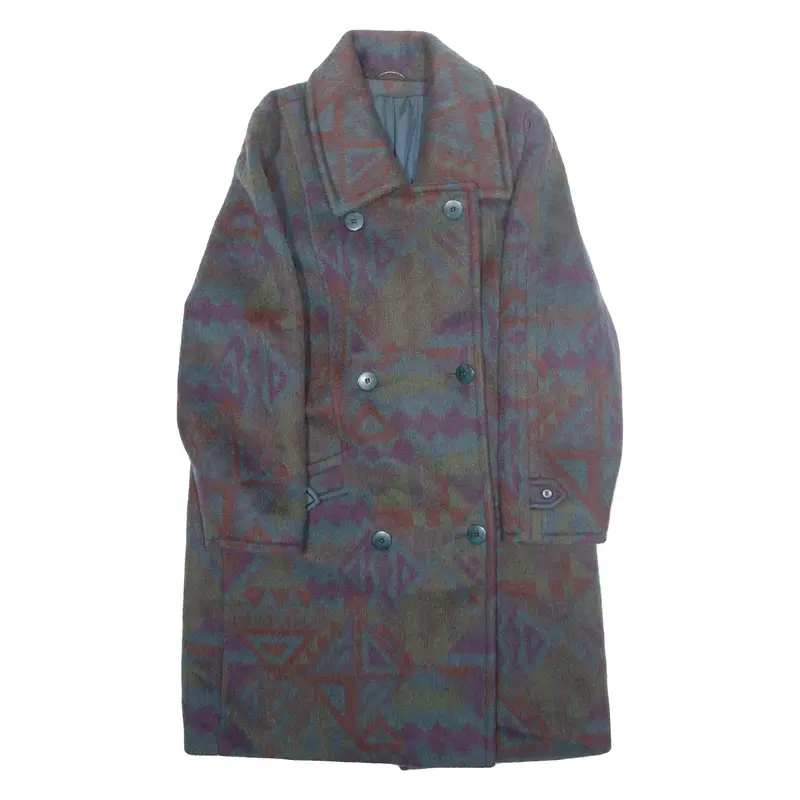 RENE SCHAAD Womens Overcoat Jacket Blue Wool Crazy Pattern L